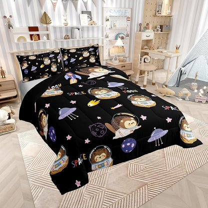 Cartoon Hedgehog Astronaut Comforter Set,Space Planet Bedding Set Kids Teens Modern Decor,Spaceship Starry Sky Comforter with 1 Pillowcase for All Seasons,Twin