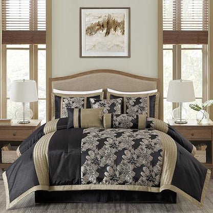 Chezmoi Collection Kelsey Comforter Set Queen Size, 7-Piece Black Gold Hibiscus Floral Jacquard Bedding Set