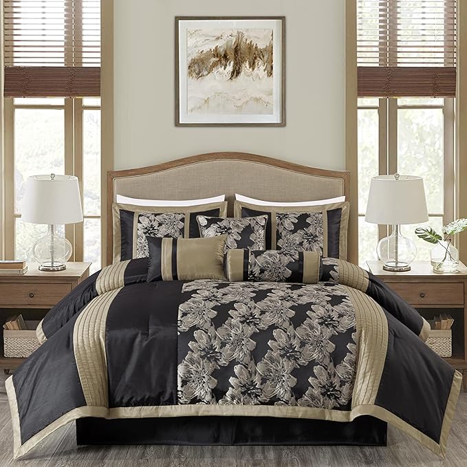 Chezmoi Collection Kelsey Comforter Set King Size, 7-Piece Black Gold Hibiscus Floral Jacquard Bedding Set