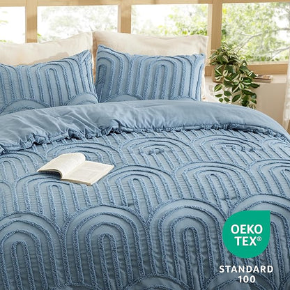 Bedsure Boho Tufted Blue Comforter Full Size, GentleSoft™ 3 Pieces Boho Farmhouse Decor Bedding, Arch Shabby Chic Bedding for All Seasons, 1 Bed Comforter, 2 Pillow Shams, 82x86 Inches