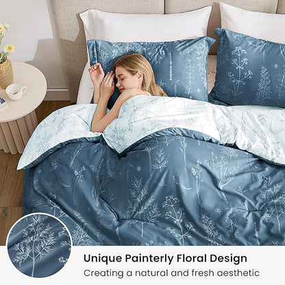 Love's cabin Bluish Grey Full Comforter Set - Full Size Comforter Set, 3 Pieces Cute Floral Bedding Sets for All Seasons,1 Soft Reversible Botanical Flowers Comforter and 2 Pillow Shams