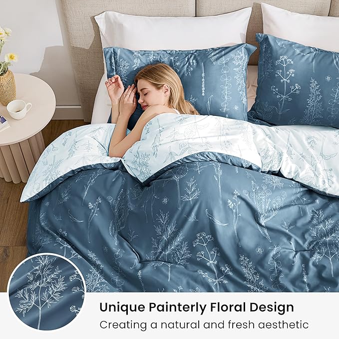 Love's cabin Bluish Grey Comforter Set Queen - Queen Size Comforter Set, 3 Pieces Cute Floral Bedding Sets for All Seasons,1 Soft Reversible Botanical Flowers Comforter and 2 Pillow Shams
