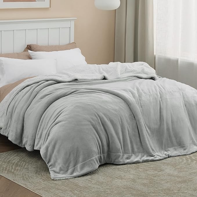 Bedsure GentleSoft Sherpa Fleece Blankets Queen Size for Bed - Thick and Warm Throw for Women and Men, Soft Fuzzy Plush Queen Blanket for Winter, Non-Heated, Light Grey, 90x90 Inches