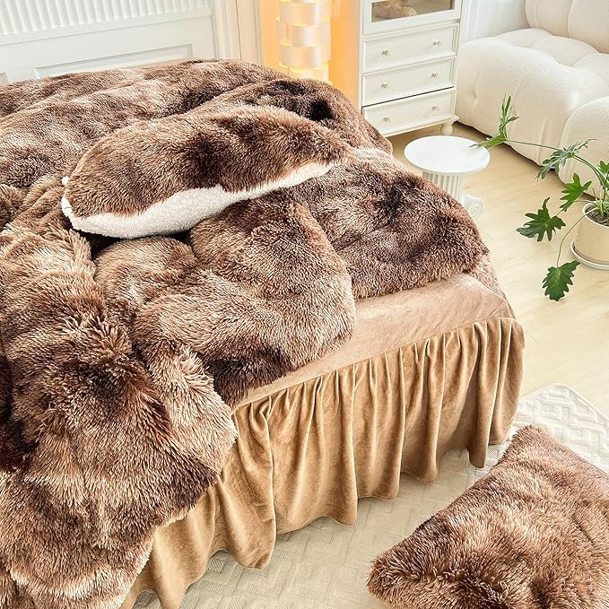 Luxury Faux Fur Shaggy Comforter Set Full/Queen Size, Plush & Sherpa Reversible Comforter Tie Dye Coffee, 3 Pieces Fluffy Fuzzy Bedding Set Ultra Soft and Warm for Winter (1 Comforter + 2 Pillowcases)