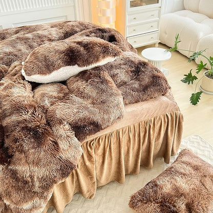 Luxury Faux Fur Shaggy Fluffy Comforter Set Twin Size Mixed Coffee Brwon and White Long Hair, 3 Pieces Plush Flannel Sherpa Backing Reversible Soft Microfiber Bedding Set Super Warm for Winter