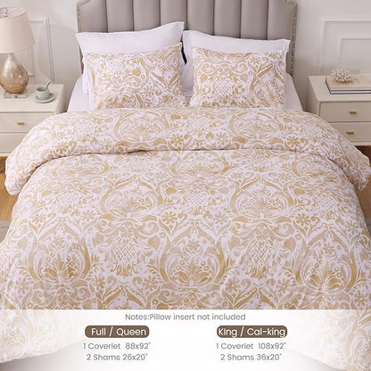 Sophia & William Bronze Damask King Size Comforter Set, 3 Pcs Cotton Comforter Set with Printed Comforter & 2 Pillowcases, All Season Lightweight Bedding Set
