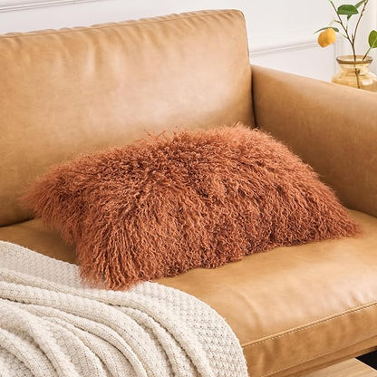 Genuine Mongolian Lamb Fur Pillow Cover – 12"x20" Rectangular Cushion Case – Soft Curly Wool Decorative Accent for Sofa, Bed, or Chair (Warm Terracotta)
