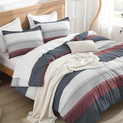 Litanika Comforter Set King Size Red Blue - 3 Pieces Lightweight Colorblock Stripe Fluffy Bedding Comforter Sets, All Season Bed Set
