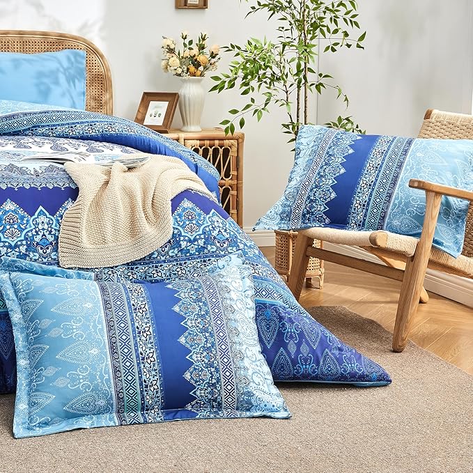Boho Queen Comforter Set Blue - 7 Pieces Bed in a Bag Floral Striped Comforter and Sheet Set, Soft Microfiber Bohemian Bedding Sets Queen Size for All Season (Blue,Queen)