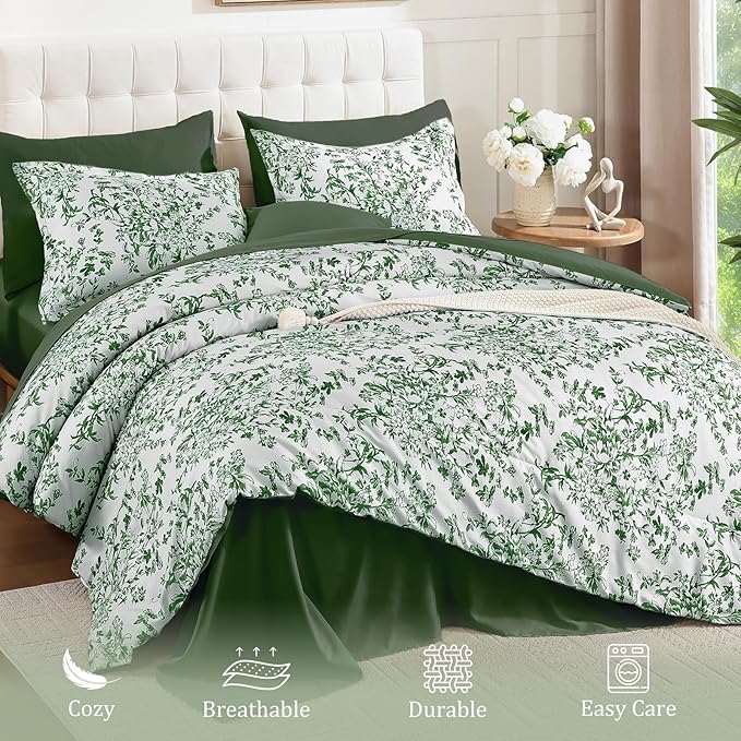 WONGS BEDDING Queen Size Comforter Set, 8 Pieces Emerald Floral Bed in a Bag Comferter Sets, Botanical Print Soft Fluffy Microfiber Complete Bedding Sets for All Season (90"x90")