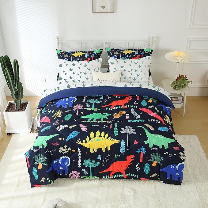 Kids Boys Dinosaur Comforter Set Full Size 7 Piece Bed in a Bag Colorful Dino Bedding Set for Child Teens (1 Comforter, 1 Flat Sheet, 1 Fitted Sheet, 2 Pillow Shams, 2 Pillowcases)