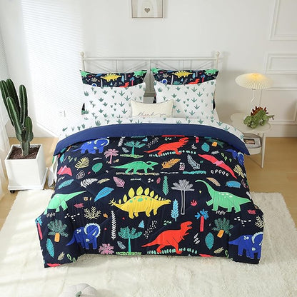 Kids Boys Dinosaur Comforter Set Full Size 7 Piece Bed in a Bag Colorful Dino Bedding Set for Child Teens (1 Comforter, 1 Flat Sheet, 1 Fitted Sheet, 2 Pillow Shams, 2 Pillowcases)