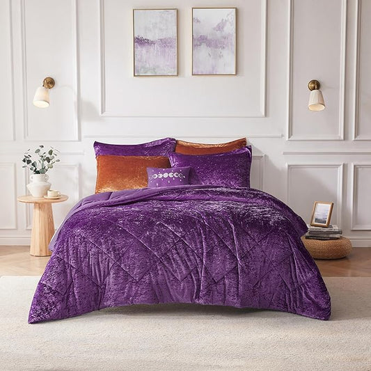Intelligent Design King Comforter Set, Velvet Comforter Set , Luxury Diamond Quilting Comforter Set, Fluffy Comforter Bed Set with Decorative Pillowand 2 Shams, 4 Piece Purple, King/ Cal King