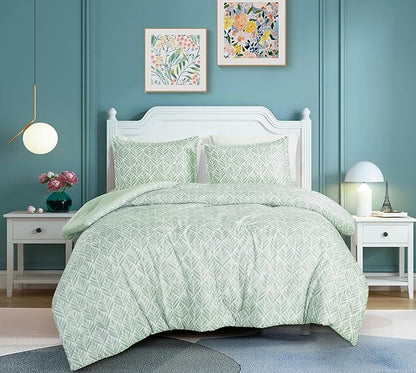 Chezmoi Collection Medina 3-Piece Tranquil Leaf Comforter Set Full - Soft Green White Leaves Printed Microfiber Lightweight Bedding Set for All Season