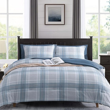 MaiRêve Plaid Full Comforter Sets, Light Blue Grid Farmhouse Bedding Set Bed in A Bag, Classic Checkered Comforter Sets with Fitted & Flat Sheet, Pillowcases & Shams(Light Blue, 80"x90")