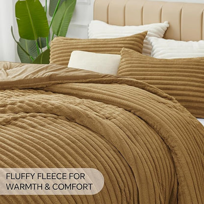 BEDELITE Fleece Queen Comforter Set -Super Soft & Warm Fluffy Brown Bedding, Luxury Fuzzy Heavy Bed Set for Winter with 2 Pillow Cases