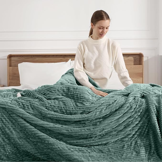 Electric Blanket Twin Heated Blanket 62"x84" Striped Flannel & Thick Sherpa, 5 Heat Settings & 10 Hour Auto Off with FCC/ETL Certified, Overheat Protection & Machine Washable, Teal