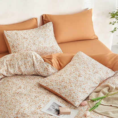 Wake In Cloud - Floral Comforter Set with Sheets, Cute Vintage Flower Cottagecore Aesthetic for Women Teen Girls, 7 Pieces Bed in a Bag, Cream Orange, Queen Size