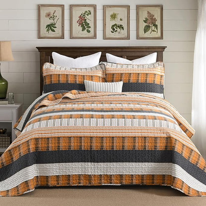 Homzard King Comforter Set,Cotton King Size Quilt，Caramel Orange Black King Bedding Set，Plaid Striped Bedspread Set，Lightweight Reversible Bed Set 3 Pieces