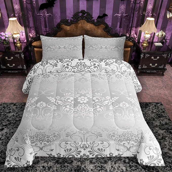 Feelyou Adults Silver Vintage Damask Floral Comforter Set Oriental Antique Comforter Full Size Gothic Bohemia Boho Flower Bedding Set Bohemian Exotic Duvet Set Quilt Set 3Pcs