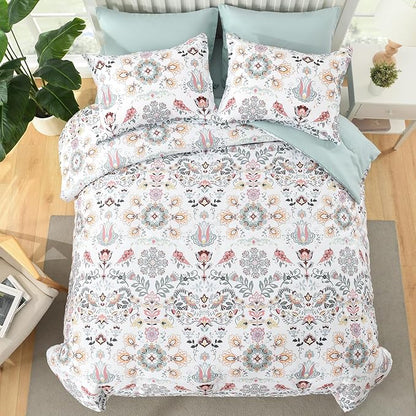 Boho Comforter Set Queen - 7 Pieces Bed in a Bag Floral Design, Bohemian Comforter Set with Sheets, Soft Microfiber Complete Bedding Sets All Season (Light Green, Queen)