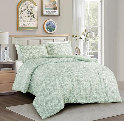Chezmoi Collection Medina 3-Piece Tranquil Leaf Comforter Set Full - Soft Green White Leaves Printed Microfiber Lightweight Bedding Set for All Season