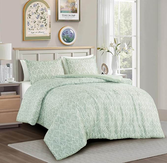 Chezmoi Collection Medina 2-Piece Tranquil Leaf Comforter Set Twin - Soft Green White Leaves Printed Microfiber Lightweight Bedding Set for All Season