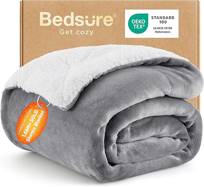 Bedsure GentleSoft Sherpa Fleece Throw Blanket for Couch, Non-Heated, Thick & Warm Christmas Cozy Blanket for Winter, Soft Fuzzy Plush Throw Gifts for Women and Men, Grey, 50x60 Inches