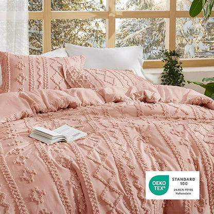 Bedsure Tufted Boho Comforter Set Queen Size - Light Pink Boho Bed Set, GentleSoft™ 3 Pieces Farmhouse Shabby Chic Embroidery Bedding, Gifts for Woman, Soft Jacquard Queen Comforter for All Seasons