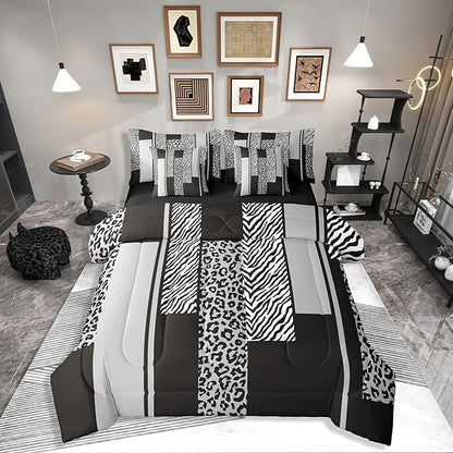 Erosebridal Grey Black Leopard Print Stripes 7 Piece Bedding Set Twin | Zebra Cheetah Fur Pattern Comforter Set with Sheets Wild Animal Skin Bed in A Bag Geometric Adults Men Women Bed Sets