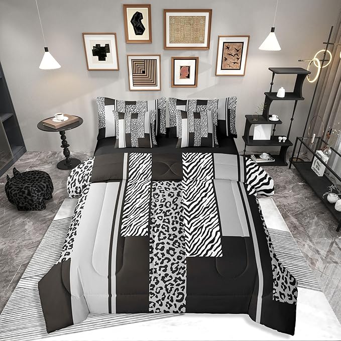Erosebridal Grey Black Leopard Print Stripes King 7-Piece Comforter Set | Zebra Cheetah Fur Pattern Sheets and Pillowcases Wild Animal Skin Bed in A Bag Geometric Adults Men Women Bed Sets
