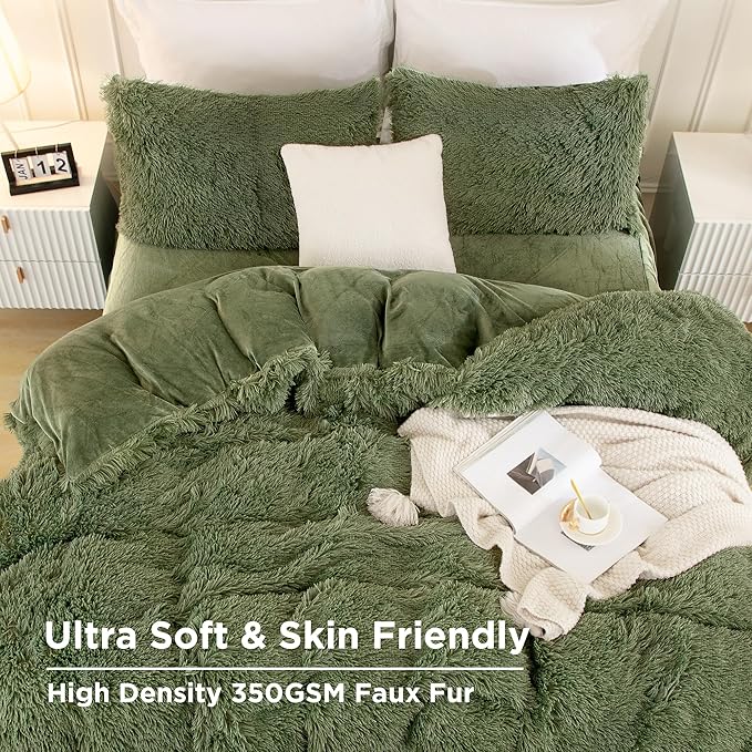 Andency Faux Fur Sage Green Comforter Set King Size, 3 Pieces Fluffy Fuzzy Plush Bedding Comforter Set (1 Shaggy Velvet Comforter & 2 Pillowcases), Soft Puffy Comfy Down Comforter Bedding Set