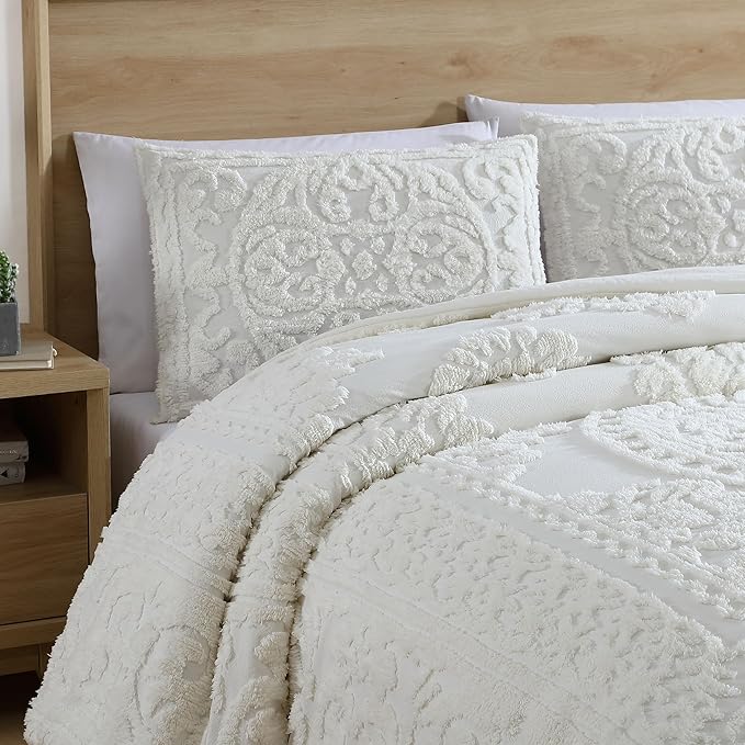 Beatrice Home Fashions Medallion Tufted Chenille Comforter 3-Piece Set, Cotton, All Season Cozy Bedding, Queen, Ivory