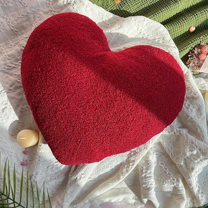 EastTree Heart Pillows, Wine Red Heart Shaped Pillows, Love Throw Pillows, Cute Sherpa Heart Decor, Large Fluffy Pillows, Women Girls Living Bedroom Home Decoration 15x18 Inch