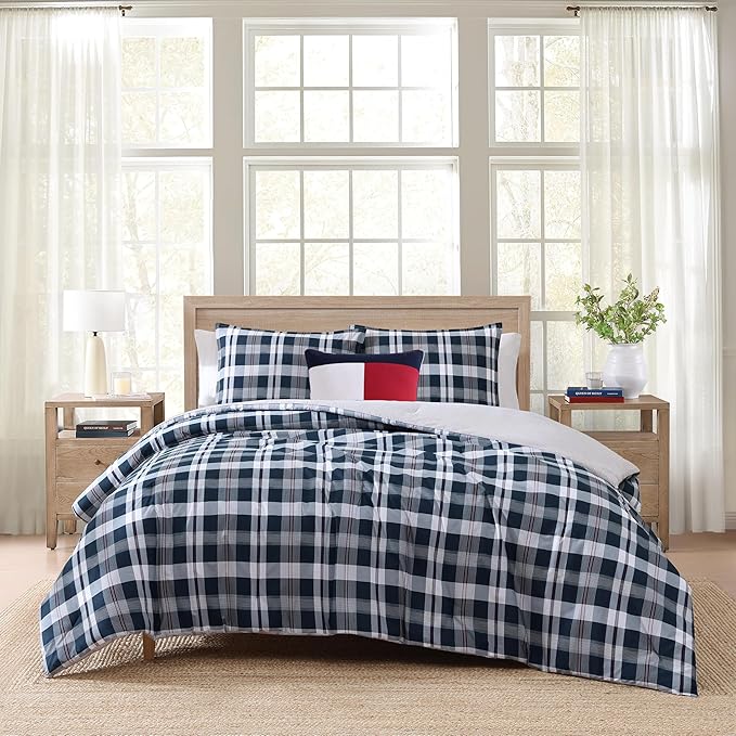 Tommy Hilfiger - Full/Queen Comforter Set, Cotton Textured Bedding with Matching Shams, Medium Weight Bed Set, Oeko-TEX Certified (Dream Madras Blue)