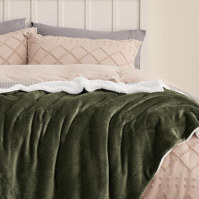 Bedsure GentleSoft Sherpa Fleece Blankets King Size for Bed - Thick and Warm Throw for Women and Men, Soft Fuzzy Plush King Blanket for Winter, Non-Heated, Olive Green, 108x90 Inches