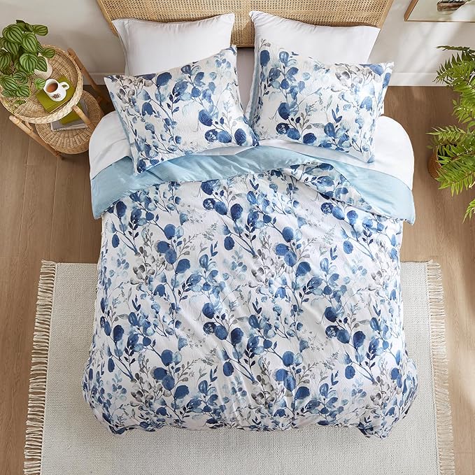 Lightweight Seersucker Botanical Queen Size Comforter Set, 3 Pieces Reversible Design Bed Comforter, Premium Microfiber Bedding Set, Comforter and Shams Set, Blue