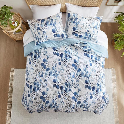 Lightweight Seersucker Botanical King Size Comforter Set, 3 Pieces Reversible Design Bed Comforter, Premium Microfiber Bedding Set, Comforter and Shams Set, Blue