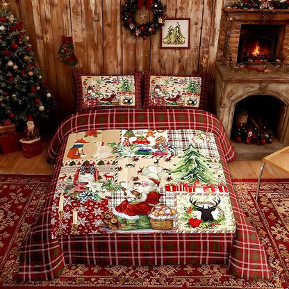 Merry Christmas Comforter Set Full Size,Xmas Tree Deer Antler Bedding Set Cartoon Santa Claus Quilt Set for Kids Girls Boys Adult Room Decor,Red Green Grid Patchwork Plaid Duvet Insert 3Pcs