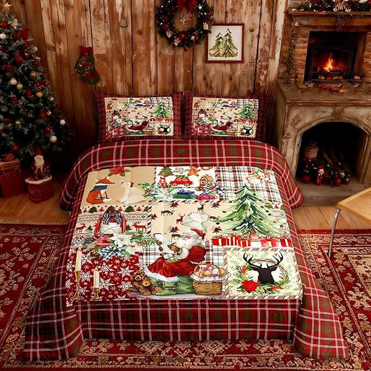 Merry Christmas Comforter Set Queen Size,Xmas Tree Deer Antler Bedding Set Cartoon Santa Claus Quilt Set for Kids Girls Boys Adult Room Decor,Retro Red Grid Patchwork Plaid Bedspread,2 Pillowcases