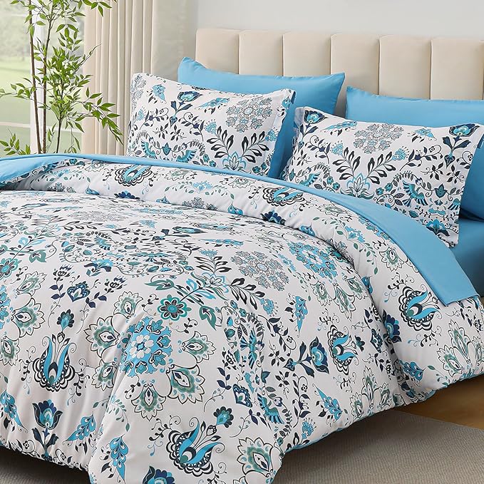 Boho Comforter Set Queen - 7 Pieces Bed in a Bag Floral Design, Bohemian Comforter Set with Sheets, Soft Microfiber Complete Bedding Sets All Season (Light Blue, Queen)