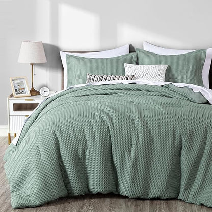 Chezmoi Collection Wilmer 3-Piece Full Comforter Set, Sage Green, Soft and Cozy Lightweight Waffle Weave Comforter Bedding for All Season