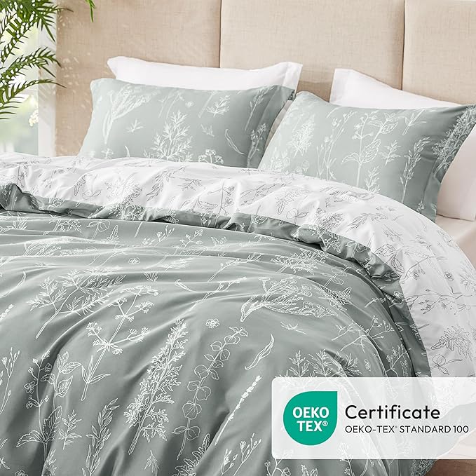 Love's cabin Grey King Comforter Set - King Size Comforter Set, 3 Pieces Cute Floral Bedding Sets for All Seasons,1 Soft Reversible Botanical Flowers Comforter and 2 Pillow Shams