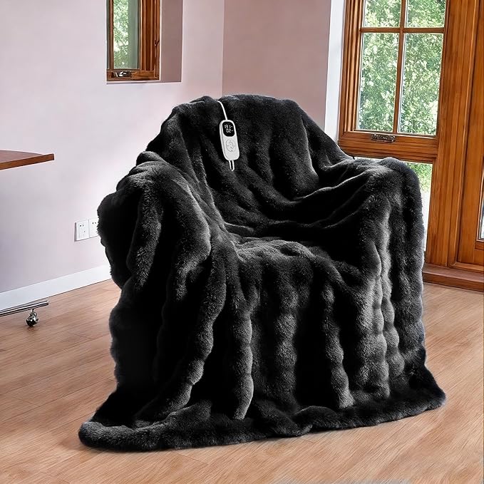 IUUI Electric Heated Blanket Twin 62''x84'',Luxury Faux Rabbit Fur Heating Blanket,Fast Heating with 1/2/4/6/8/10 Hours,Overheat Protection, Quick Heating, Memory Function, Gift-Ready Design