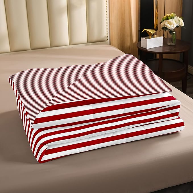 Girl Stripe Comforter Set King Size Red White Ticking Stripes Bedding Set Bedroom Decor Horizontal Striped Lines Reversible Down Comforter for Kids Women Modern Abstract Soft Lightweight Duvet Set