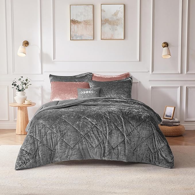 Intelligent Design King Comforter Set, Velvet Comforter Set , Luxury Diamond Quilting Comforter Set, Fluffy Comforter Bed Set with Decorative Pillowand 2 Shams, 4 Piece Grey, King/ Cal King