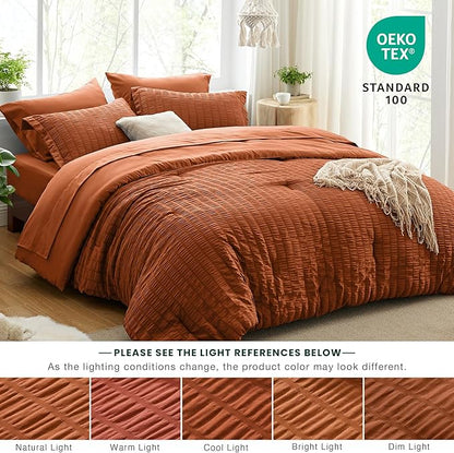 Love's cabin Seersucker Terracotta Full Comforter Set, 7-Piece All Season Lightweight Bed in a Bag Bedding Set with Comforter, Flat Sheet, Fitted Sheet, Pillowcases and Shams | Soft, Breathable, Lightweight