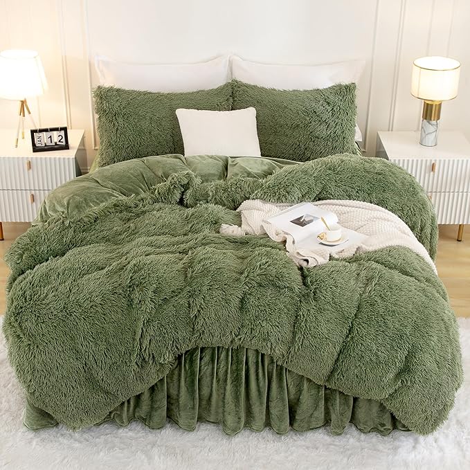 Andency Faux Fur Sage Green Comforter Set King Size, 3 Pieces Fluffy Fuzzy Plush Bedding Comforter Set (1 Shaggy Velvet Comforter & 2 Pillowcases), Soft Puffy Comfy Down Comforter Bedding Set
