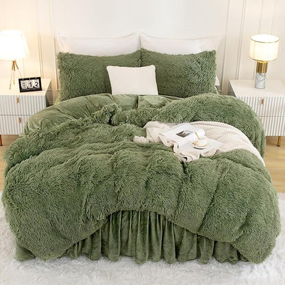 Andency Faux Fur Sage Green Comforter Set King Size, 3 Pieces Fluffy Fuzzy Plush Bedding Comforter Set (1 Shaggy Velvet Comforter & 2 Pillowcases), Soft Puffy Comfy Down Comforter Bedding Set