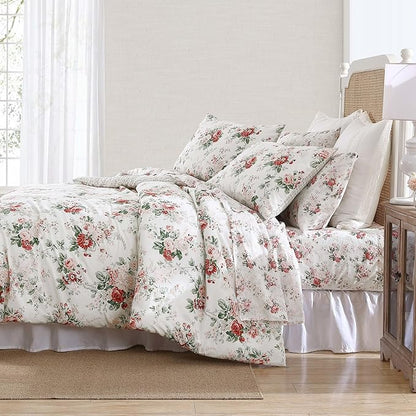 Laura Ashley - Queen Comforter Set, Reversible Brushed Cotton Flannel Bedding with Matching Shams, Luxuriously Soft & Warm Home Decor (Ashfield Red, Queen)